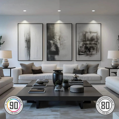 Living room with modern sofas, art on walls, illuminated by 4 Inch Slim Recessed LED Ceiling Lights With Junction Box 9W 800 Lumen 5000K Daylight CRI90 Dimmable Aluminum Housing Energy Star ETL FCC Pack Of 6 Ideal For Kitchen Hallway Living Room Bathroom No Fuss Install.