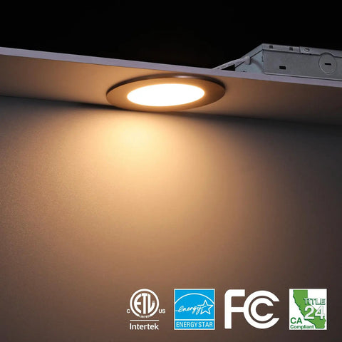 Slim 4 Inch 5CCT Recessed LED Downlight Kit with J Box Canless Aluminum Dimmable from 5 to 100 Percent ETL Listed Oil Rubbed Bronze Finish 2700K to 5000K Pack of 6 installed in ceiling with certifications displayed