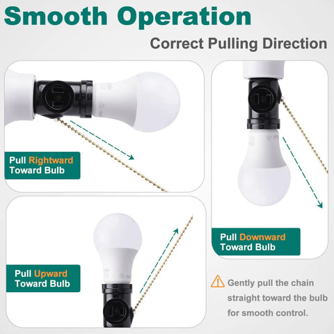 Instructions for pulling chain of E26 To Dual Prong Outlet Adapter With Pull Chain On Off Switch For Light And Power Standard E26 Base