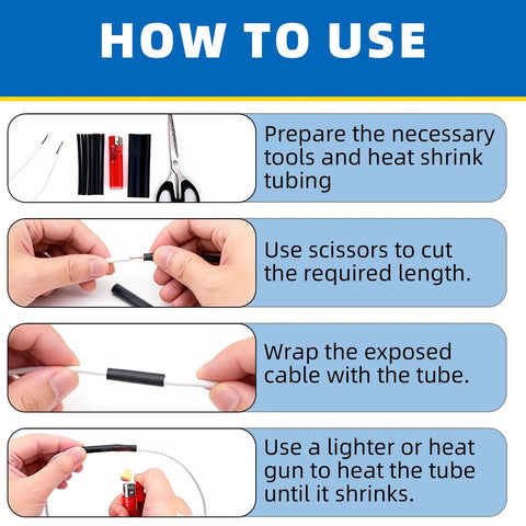 Instructions for using Heat Shrink Tubing Kit With Adhesive Lined 2 To 1 Ratio 150 Pcs Eight Sizes From 2mm To 13mm.