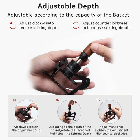 Adjustable depth feature of the 10 Needle Espresso WDT Distribution Tool with wooden handle and sturdy frame in hand.