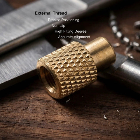 Close-up of a brass heat set insert from Seven Piece Heat Set Insert Tips Kit For Soldering Iron With Adapter, showing external thread.