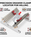 Heavy Duty Aluminum Table Saw Spline Clamp Jig With Four Flip Limiters And Uhmw Gliding Tracks For Dead Nuts Woodworking Joint Alignment and Slick Quick Setup Assembly view showing four flip limiters and aluminum construction.