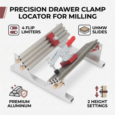 Heavy Duty Aluminum Table Saw Spline Clamp Jig With Four Flip Limiters And Uhmw Gliding Tracks For Dead Nuts Woodworking Joint Alignment and Slick Quick Setup Assembly view showing four flip limiters and aluminum construction.