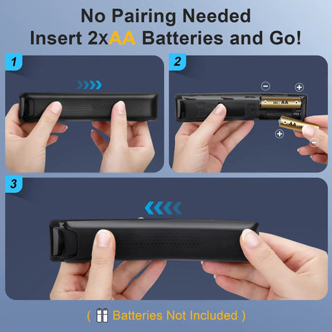 Two Pack Universal Smart TV Remote Replacement for All Models Backup Remotes showing easy battery insertion, batteries not included