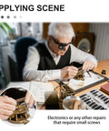 Person using 630 Pcs Tiny Micro Repair Screw Kit Pocket Sized With 18 Sizes Micro Screws Mini Screwdriver And Tweezers on electronics