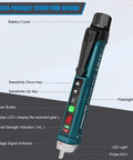 Non Contact Voltage Tester With 9 Gear Adjustable Sensitivity, labeled parts and functions with LCD and LED features visible