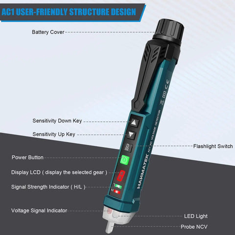 Non Contact Voltage Tester With 9 Gear Adjustable Sensitivity, labeled parts and functions with LCD and LED features visible