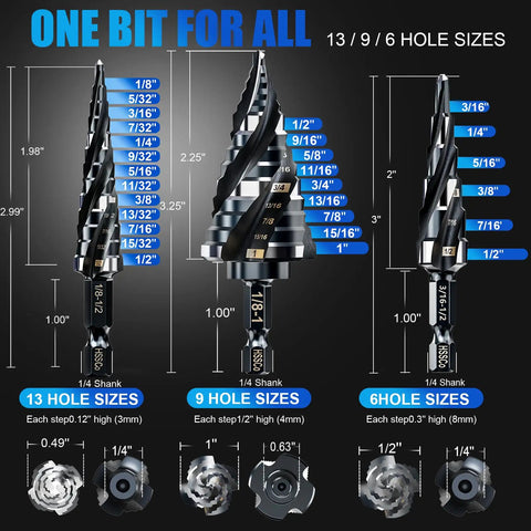 Front view of Four Spiral Flute M35 Cobalt Step Drill Bit Set One Quarter Inch Shank Three Piece Kit with Thirty Size Steps for Metal and Wood