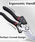 Pro Grade Workhorse 8.4 Inch Pruning Shears With SK5 Steel Titanium Coated Blades, ergonomic handle, close-up view.