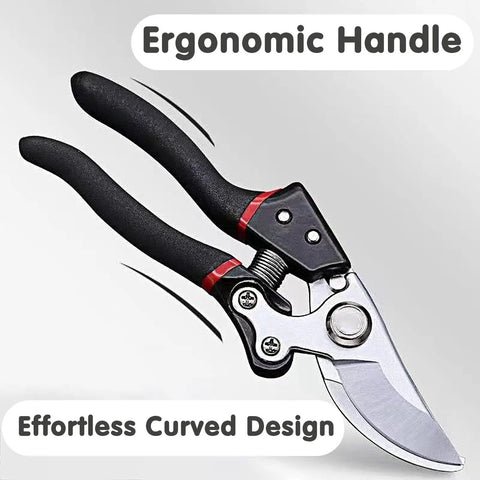 Pro Grade Workhorse 8.4 Inch Pruning Shears With SK5 Steel Titanium Coated Blades, ergonomic handle, close-up view.