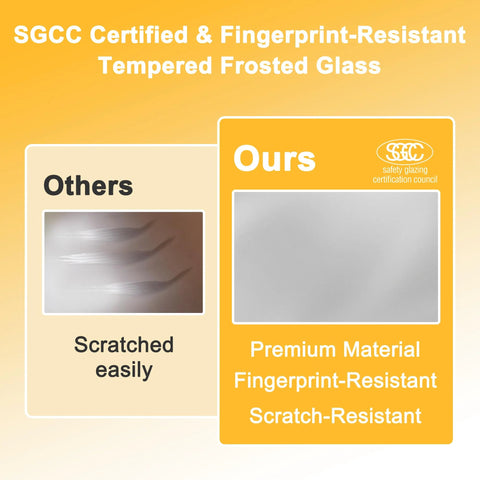 Comparison of SGCC certified fingerprint-resistant tempered frosted glass with alternative showing scratch resistance.