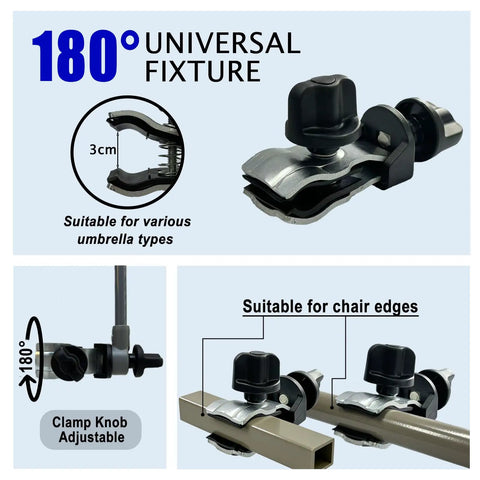 180° universal fixture for Super Lightweight Clip On Chair Parasol With Heavy Duty Universal Clamp UPF 50 Plus UV Protection.
