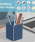 Blue Square Pen Holder Cup, Aluminum Desk Organizer For Pens And Pencils on desk with office tools