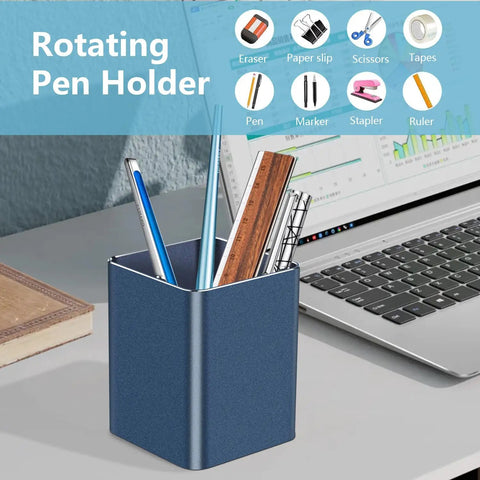 Blue Square Pen Holder Cup, Aluminum Desk Organizer For Pens And Pencils on desk with office tools