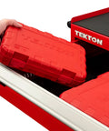 Person placing a red sturdy case for 3/8 Inch Drive Deep Six Point Impact Socket Set, 19 Piece Metric Range from 6 to 24 mm in drawer.