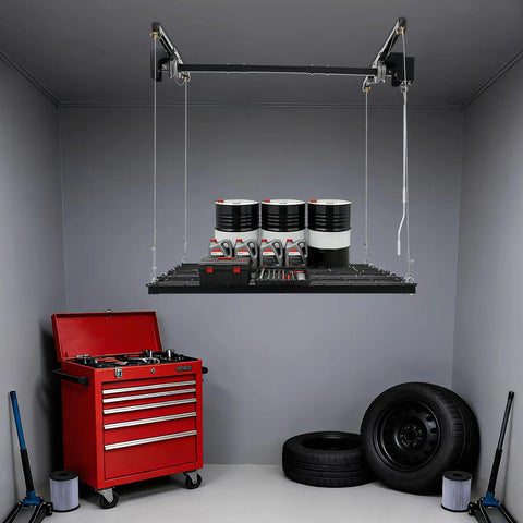 Hardcore Adjustable Overhead Garage Storage Rack With 300 Pound Capacity Rustproof Carbon Steel Ceiling Mount Hanger holding tools and gear.