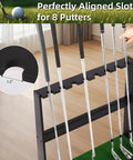 Wooden Golf Putter Stand With Ball Storage Holds 8 Clubs And Up To 23 Golf Balls, focus on aligned slots for putters.
