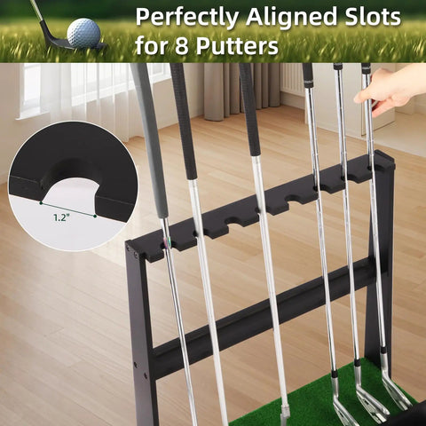 Wooden Golf Putter Stand With Ball Storage Holds 8 Clubs And Up To 23 Golf Balls, focus on aligned slots for putters.