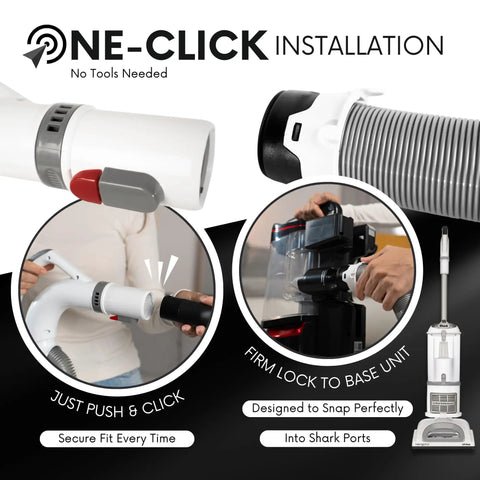 Upgraded PVC and steel replacement hose handle fitting onto Shark vacuum, illustrating push-click installation for model NV35X.