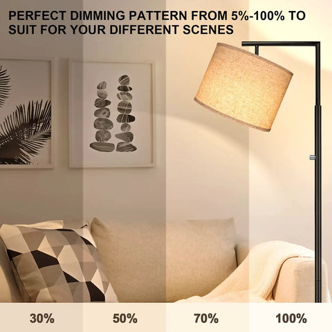 Dimmable Tall Pole Floor Lamp With 4 Color Temperatures, Remote Control, Beige Shade in living room with dimming effect