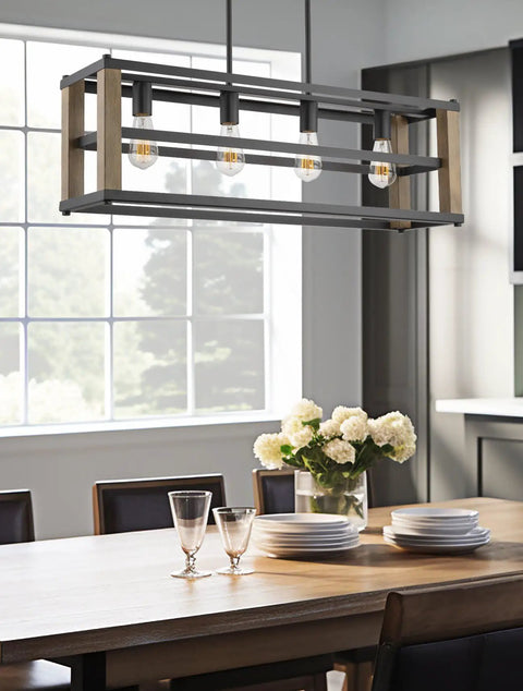 34 Inch Four Light Farmhouse Kitchen Island Pendant Light With Linear Rectangle Chandelier In Smoked Birch Finish Over Dining Table