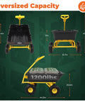 Diagram of Beefy Garden Dump Cart With 1400LB Capacity, showing dimensions and 1200 lb load on the yellow wagon.