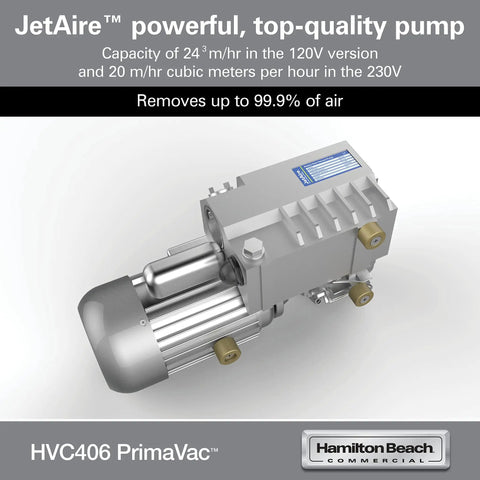 JetAire pump for Built Tough Commercial Chamber Vacuum Sealer with 24 m3/hr capacity and stainless steel design.