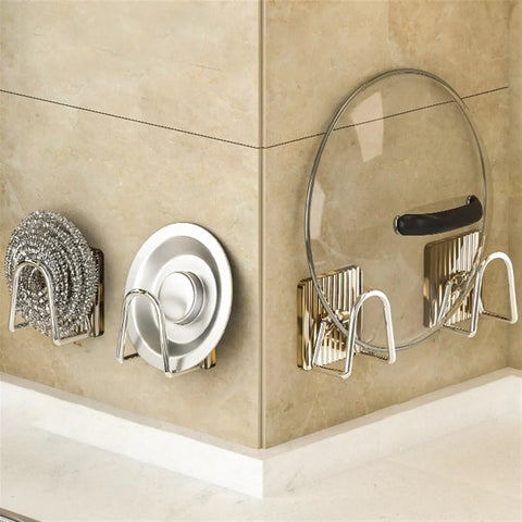 White Self Adhesive Wall Hooks That Stick Like Crazy No Drill Heavy Duty Towel Holder And Coat Hanger With Ultra Strong Waterproof Glue Easy Install to display kitchen dish lids and circular scrubbers.