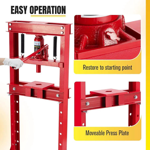 12 Ton Hydraulic Press With Adjustable Table And Movable Plates For Auto Repair Metal Bending And Garage Use Beefy Heavy Duty H Frame Shop Press In Red Built For Tough Jobs showing easy operation and movable plate.