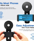 Universal Binocular Phone Adapter With 360-Degree Rotation and high-strength clamp, fits 16-50mm eyepieces, hands adjusting size.