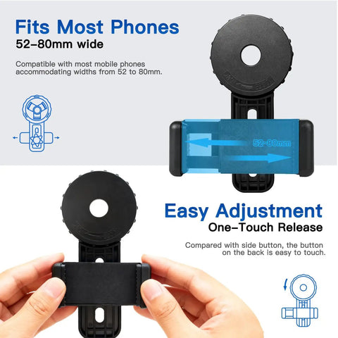 Universal Binocular Phone Adapter With 360-Degree Rotation and high-strength clamp, fits 16-50mm eyepieces, hands adjusting size.