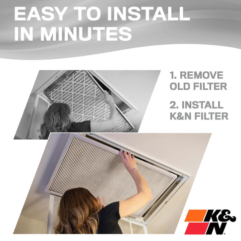 Woman installing washable 20x25x1 MERV 8 HVAC furnace air filter for cleaner air, showcasing easy installation steps