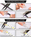 Steps for installing 20 Pack 4 Pin 10mm Solderless LED Strip Connectors Transparent Wire Adapters with tools and wires.