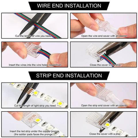 Steps for installing 20 Pack 4 Pin 10mm Solderless LED Strip Connectors Transparent Wire Adapters with tools and wires.