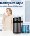 Woman drinking near Countertop Distiller With 1.6 Gallon Capacity And 900W Power, black finish, in modern kitchen setting.
