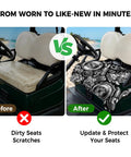 Two Seater Golf Cart Seat Cover And Towel Microfiber Absorbent Breathable Bench Seat Protector With Vintage Engine Print For Golf Course 51x31 Inches Car Style Comfort For All Seasons shown in before and after condition on a golf cart.