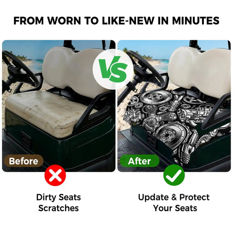 Two Seater Golf Cart Seat Cover And Towel Microfiber Absorbent Breathable Bench Seat Protector With Vintage Engine Print For Golf Course 51x31 Inches Car Style Comfort For All Seasons shown in before and after condition on a golf cart.