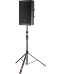 Pro Grade Heavy Duty Speaker Stand Set With LiftEEZ Self Raising Piston tripod holding speaker, black metal construction