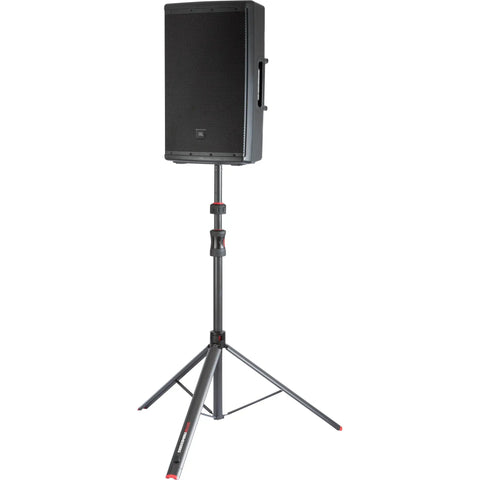 Pro Grade Heavy Duty Speaker Stand Set With LiftEEZ Self Raising Piston tripod holding speaker, black metal construction