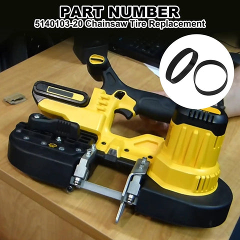 Replacement Tire For Dewalt Bandsaw DCS370 And DCS371 Series 2 Pack next to Dewalt bandsaw on wooden desk