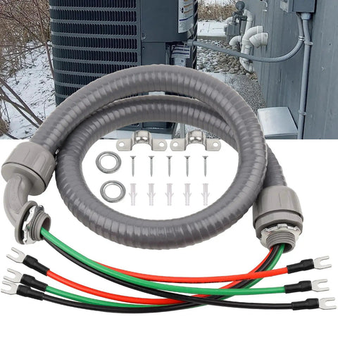 Half Inch Power Whips Assembly 4 Ft Nonmetallic Liquid Tight Flexible Conduit Kit With 3 Conductors 10 Gauge THHN Electrical Wires For A C Hook Up Quick Connect Design Antioxidant PVC Weatherproof Wiring