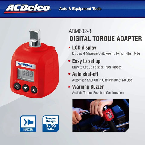 Three Eighths Inch Digital Torque Adapter With Audible Buzzer And LED Flash, 5.9 to 59 Ft-Lbs (8 to 80 Nm) Range, ISO 6789 Calibration Certificate Included, ARM602-3 with red casing and LCD display