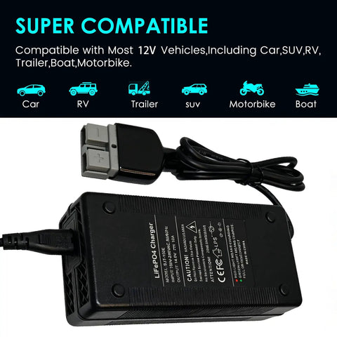 Heavy Duty Badass 12V LiFePO4 Battery Charger 10 Amp Rapid Charge Kit with Anderson plug and cable connected