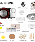 Pottery Wheel Kit For Beginners Kids Teens And Adults With 6 Inch Turntable Two Way Rotation And Two Point Two Pound Clay Includes Complete Art Supplies Sculpting Tools Paints Brushes Palette Sponge Bats And Gift Ready Red, showing various components like power adapter, bowl, splash pan, and carving tools.