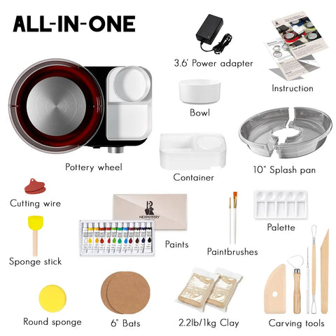 Pottery Wheel Kit For Beginners Kids Teens And Adults With 6 Inch Turntable Two Way Rotation And Two Point Two Pound Clay Includes Complete Art Supplies Sculpting Tools Paints Brushes Palette Sponge Bats And Gift Ready Red, showing various components like power adapter, bowl, splash pan, and carving tools.