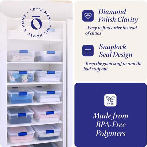Super Sturdy Clear Under Bed Storage Bins With No Sweat Snap Lids 15.5 Quart Heavy Duty Plastic Organizers 16 Pack organized in closet.