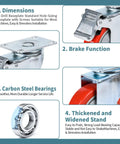 Rock Solid Heavy Duty 4 Inch PVC Caster Wheels With Double Brake Swivel Plate Set For Workshop Garage Trolley showing brake function and dimensions.