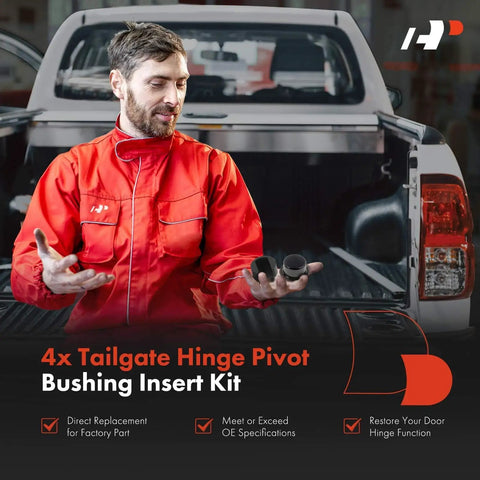 Mechanic holding Tailgate Hinge Pivot Bushing Insert Kit for Ford F Series and Dodge Ram Trucks near a pickup truck bed