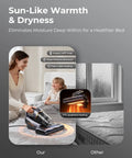 Beast Mode Graphene Heated Mattress Vacuum With Ultra Violet Light And Dust Sensor For Beds And Couches 550W corded cleaner in use on a bed.
